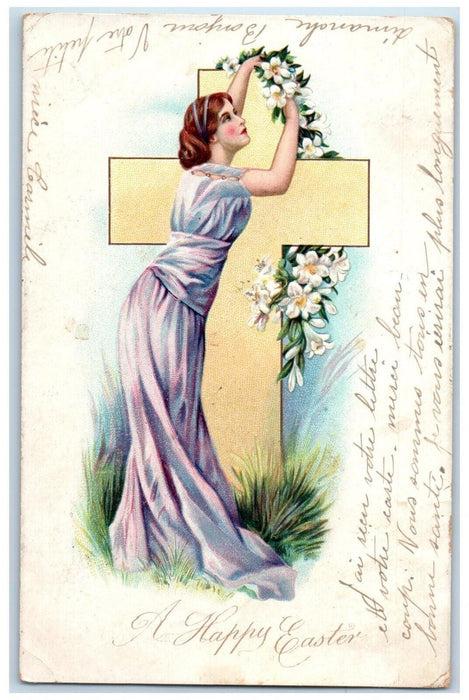 1907 Easter Girl Cross Decorating Lilies Flowers Embossed Antique Postcard
