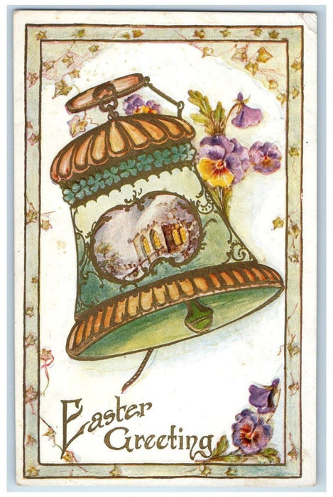 c1910's Easter Greeting Giant Bell Pansies Flowers Embossed Antique Postcard