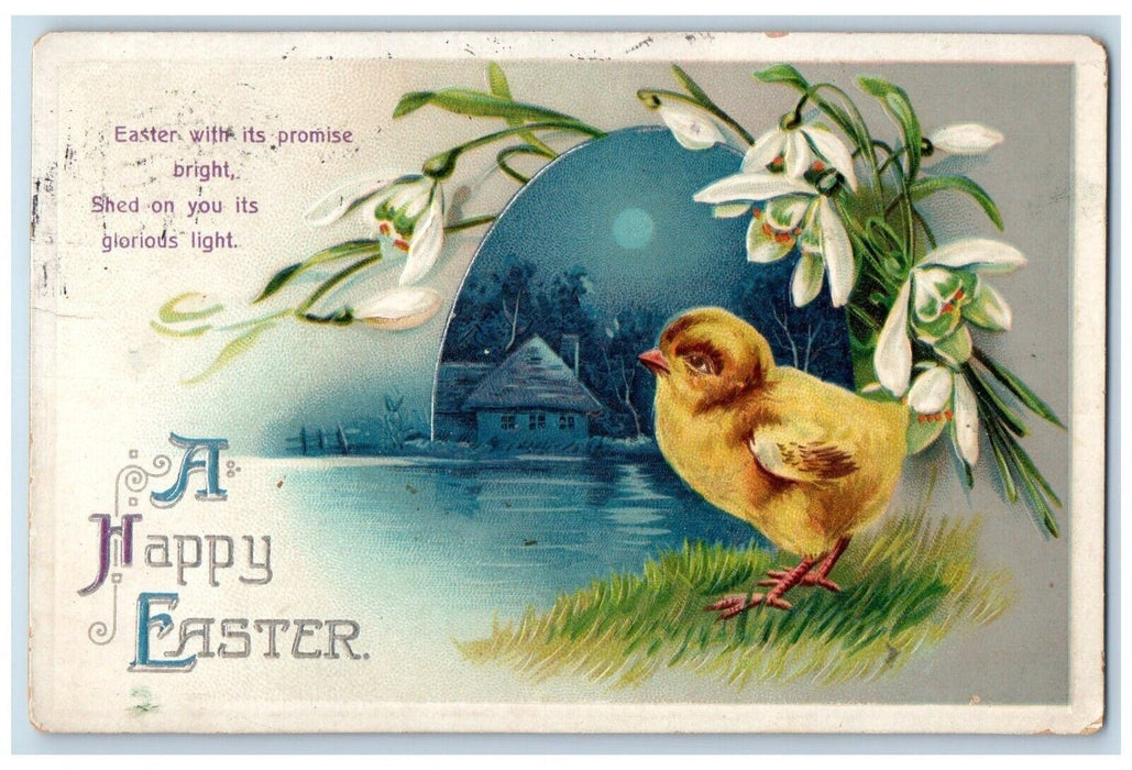 1915 Easter Egg Chick Lily Flowers Moon House River Embossed Clapsaddle Postcard
