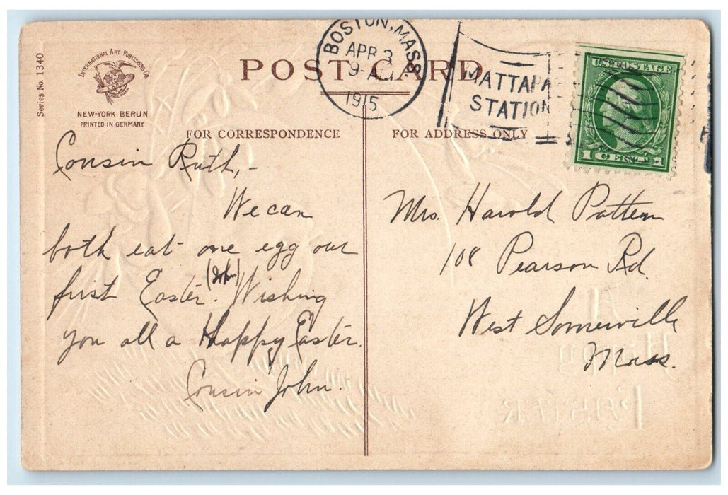 1915 Easter Egg Chick Lily Flowers Moon House River Embossed Clapsaddle Postcard