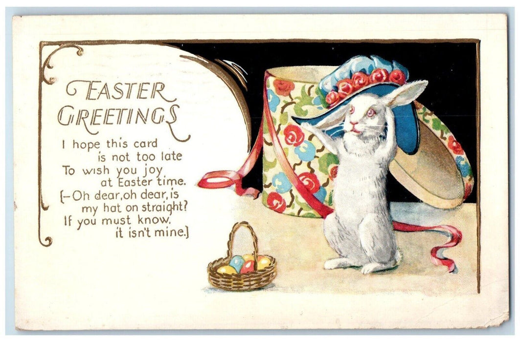 1929 Easter Greetings Anthropomorphic Rabbit Hat Box Basket Eggs Posted Postcard