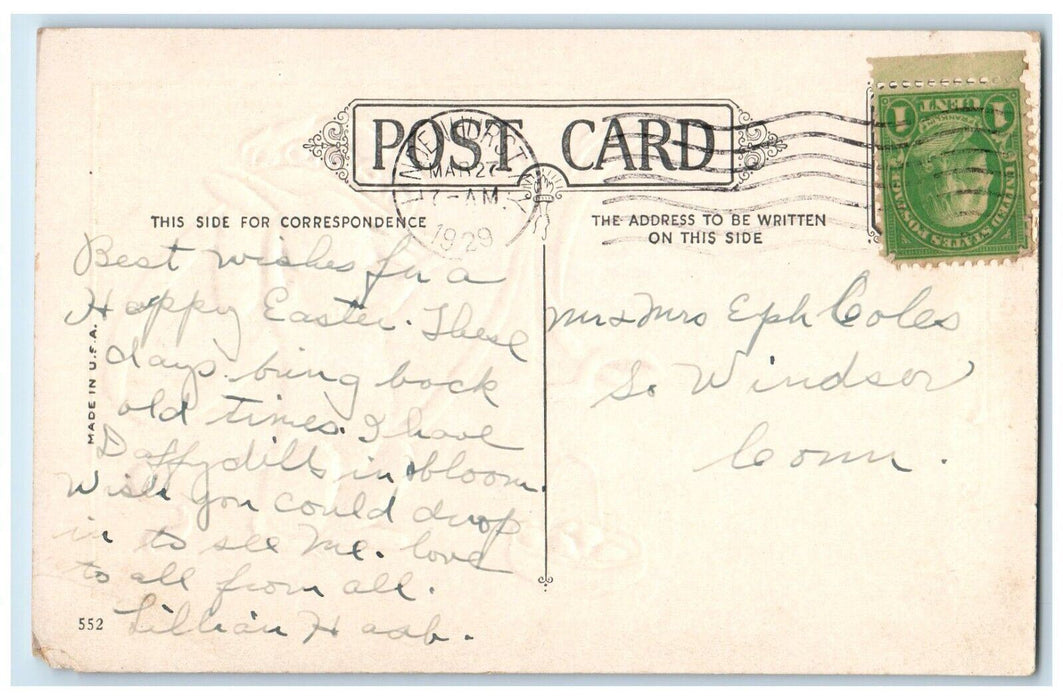 1929 Easter Greetings Anthropomorphic Rabbit Hat Box Basket Eggs Posted Postcard