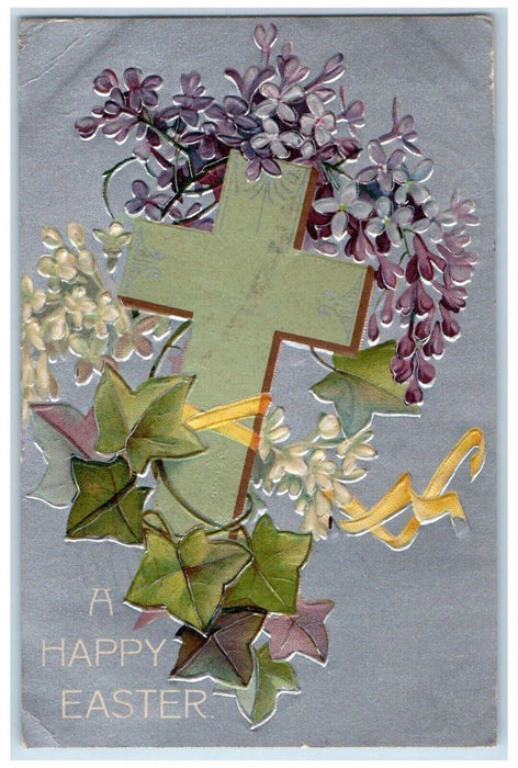 1908 Easter Cross Holly Leaf Pansies Flowers Clapsaddle Embossed Posted Postcard