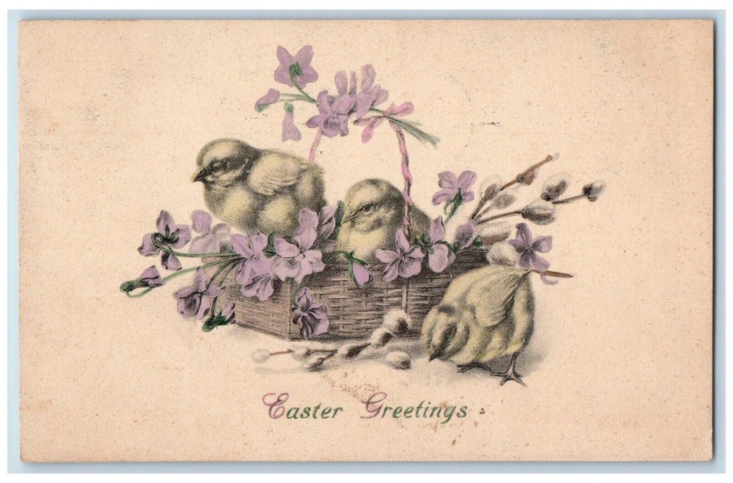 1915 Easter Greetings Chicks Basket Pansies Flowers Worcester MA Posted Postcard