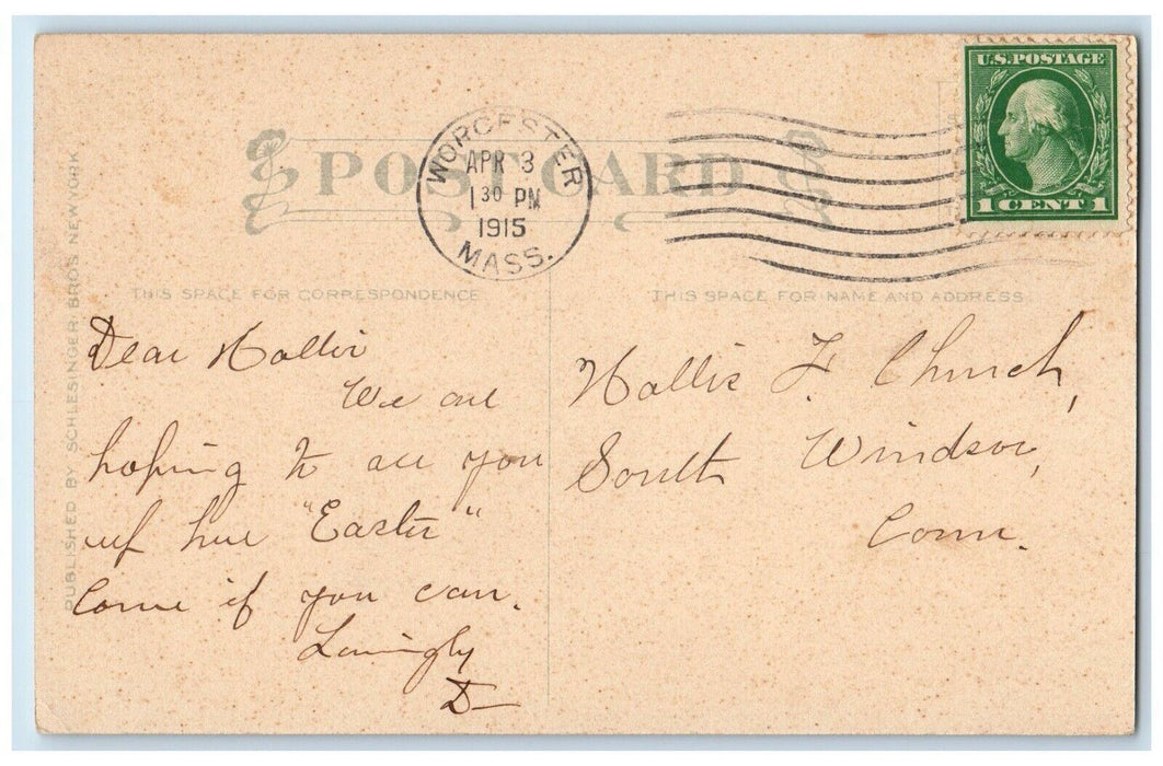 1915 Easter Greetings Chicks Basket Pansies Flowers Worcester MA Posted Postcard