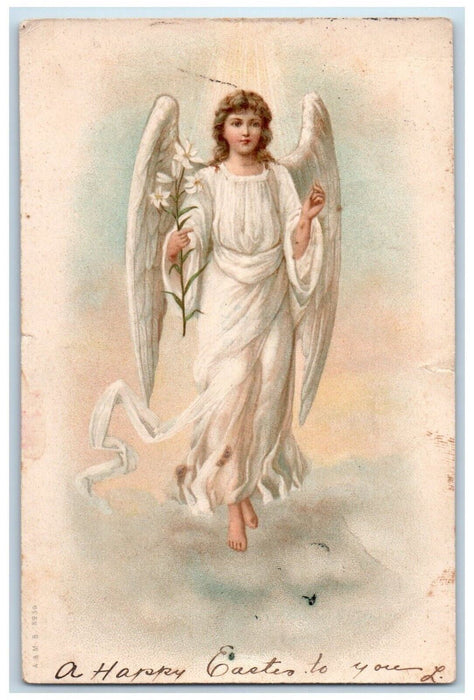 1908 Easter Holly Angel White Lilies Flowers Embossed Posted Antique Postcard