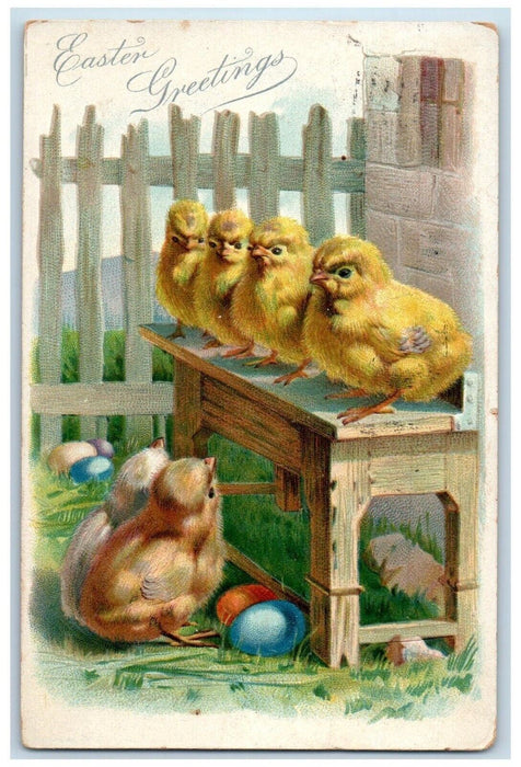 1908 Easter Greetings Eggs Chicks Fence Tuck's Utica New York NY Posted Postcard