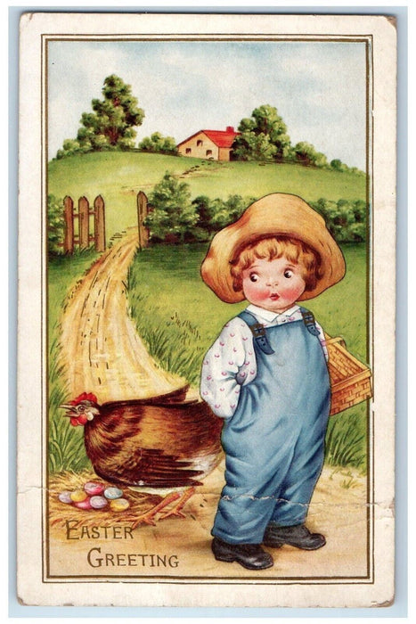 c1910's Easter Greetings Little Boy Chicken Hen Lays Egg Nest Embossed Postcard