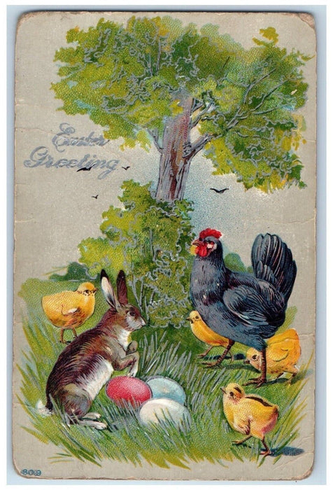 c1910's Easter Greetings Chicken Hen Chicks Rabbit Eggs Embossed Postcard