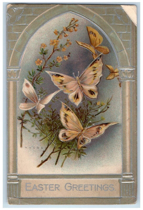 1908 Easter Greetings Butterflies Pansies Flowers Clapsaddle Embossed Postcard