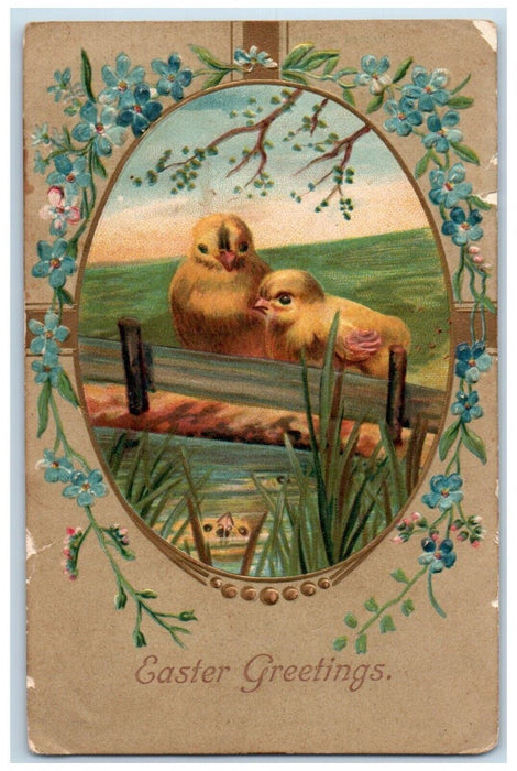 c1910's Easter Greetings Egg Chicks Pansies Flowers Embossed Antique Postcard