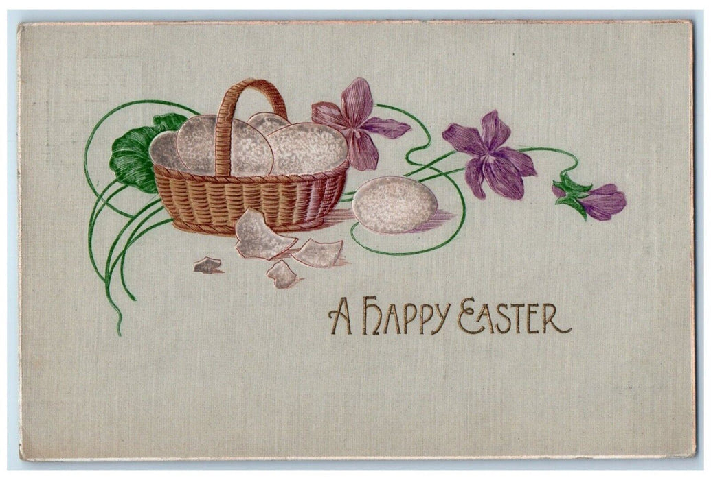 1908 Happy Easter Basket Of Eggs Pansies Flowers Embossed Antique Postcard