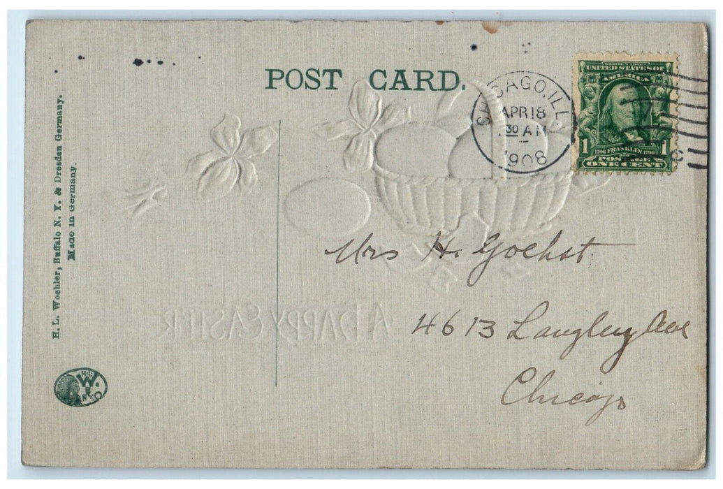 1908 Happy Easter Basket Of Eggs Pansies Flowers Embossed Antique Postcard