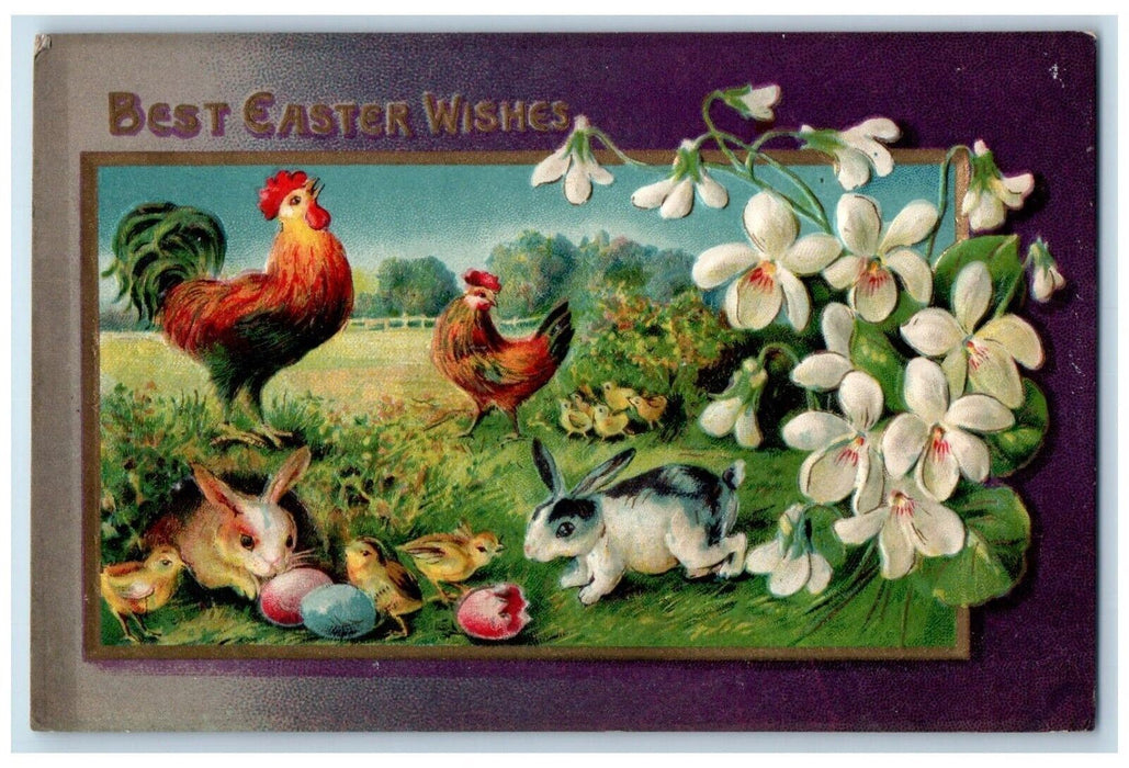 1912 Easter Wishes Chicken Hen Chicks Rabbit Eggs Flowers Winsch Back Postcard