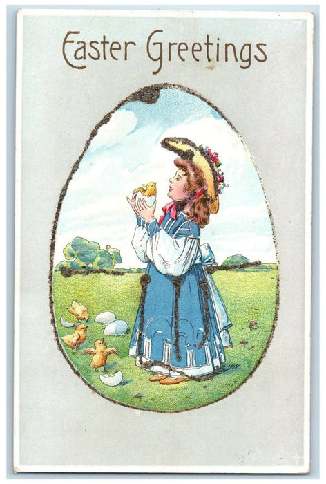 c1910's Easter Greetings Girl Egg Hatched Chicks Embossed Antique Postcard