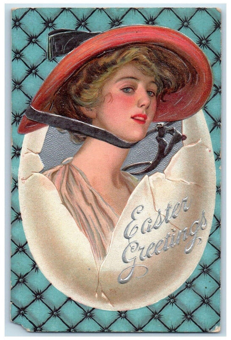 1910 Easter Greetings Pretty Girl In Hatched Egg Embossed Ramsey NJ Postcard