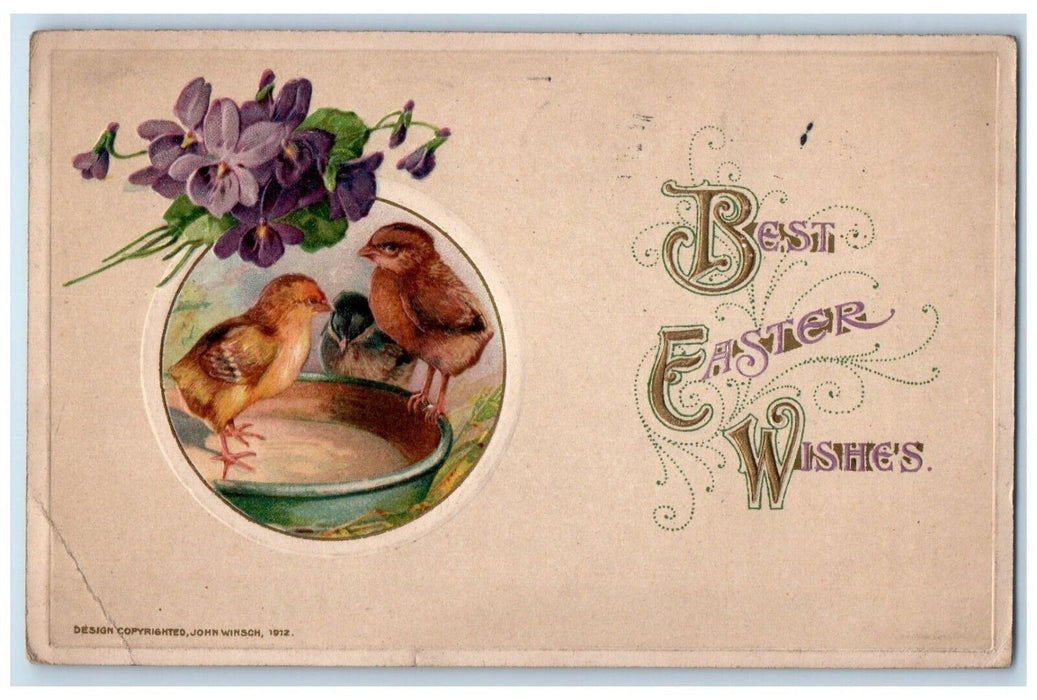 1913 Easter Chicks Bowl Pansies Flowers John Winsch Artist Signed Postcard