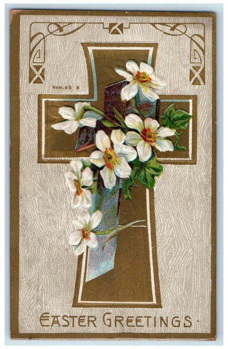 1910 Easter Greetings Cross Daisy Flowers Embossed Chicago IL Posted Postcard