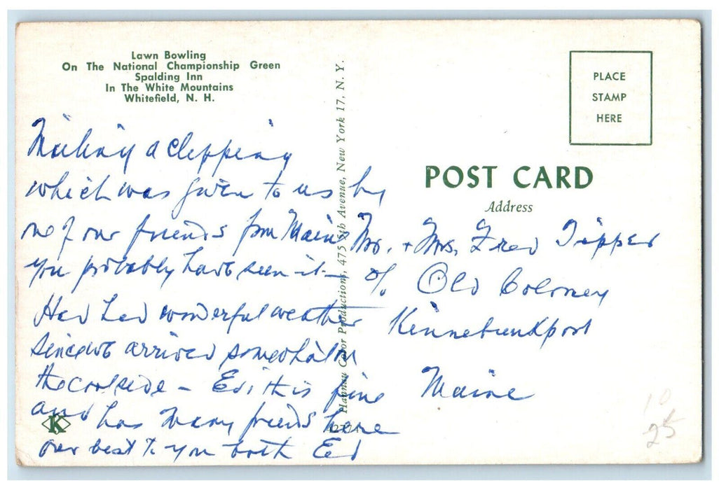 Lawn Bowling National Championship Green Spalding Inn Whitefield NH Postcard