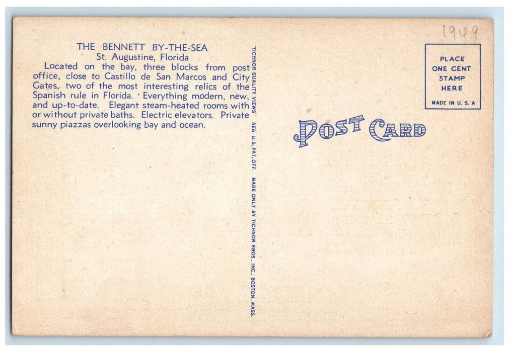 Hotel Bennett Building Exterior Boat Scene St. Augustine Florida FL Postcard