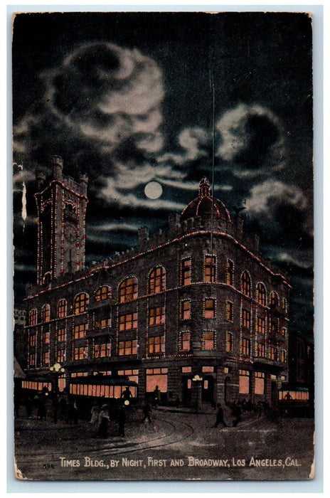 1915 Times BLDG. Night First And Broadway Los Angeles California CA Postcard