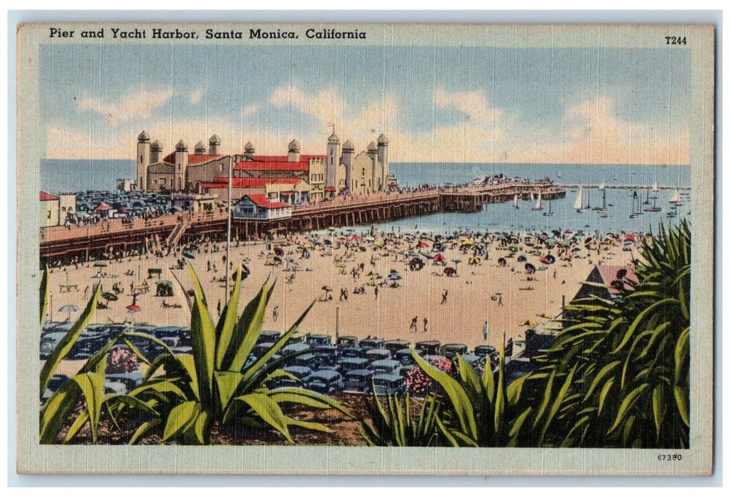 Pier And Yacht Harbor Cars Beach Scene Santa Monica California CA Postcard