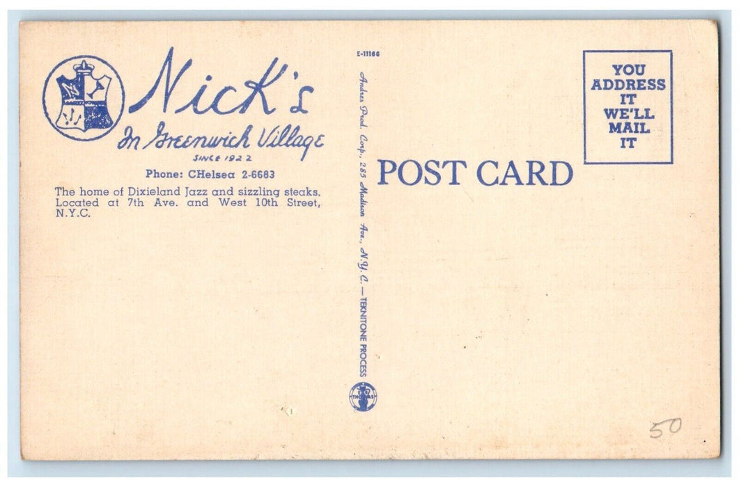 Nick's In Restaurant Sizzling Steak Greenwich Village New York City NY Postcard