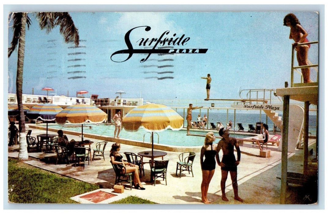1953 Surfside Plaza Hotel Pool Cabana Club Miami Beach Florida FL Postcard