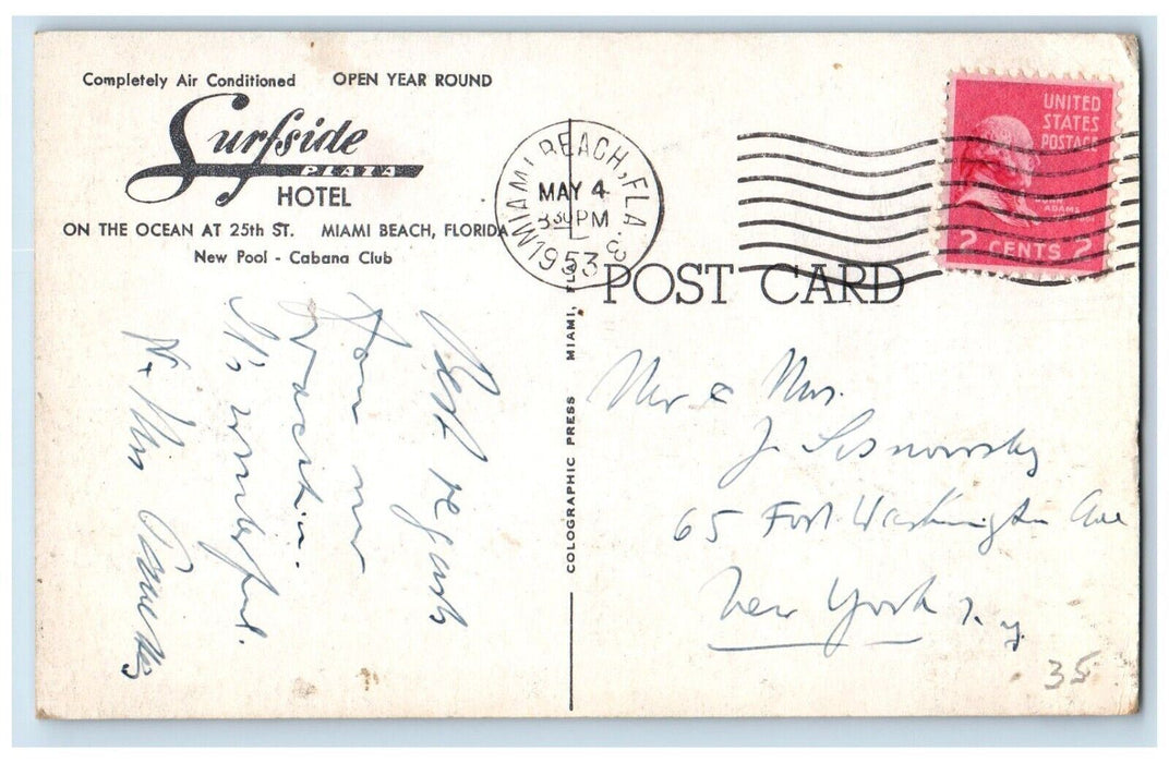 1953 Surfside Plaza Hotel Pool Cabana Club Miami Beach Florida FL Postcard