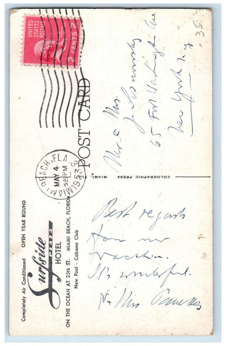 1953 Surfside Plaza Hotel Pool Cabana Club Miami Beach Florida FL Postcard