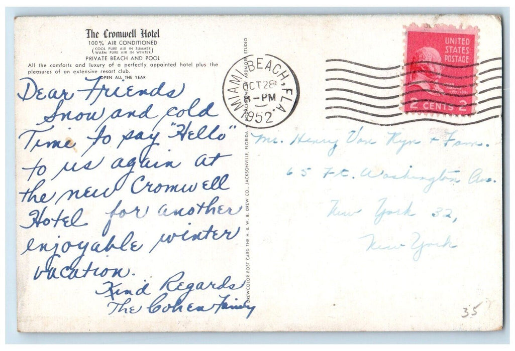 1952 The Cromwell Hotel Private Beach And Pool Miami Beach Florida FL Postcard