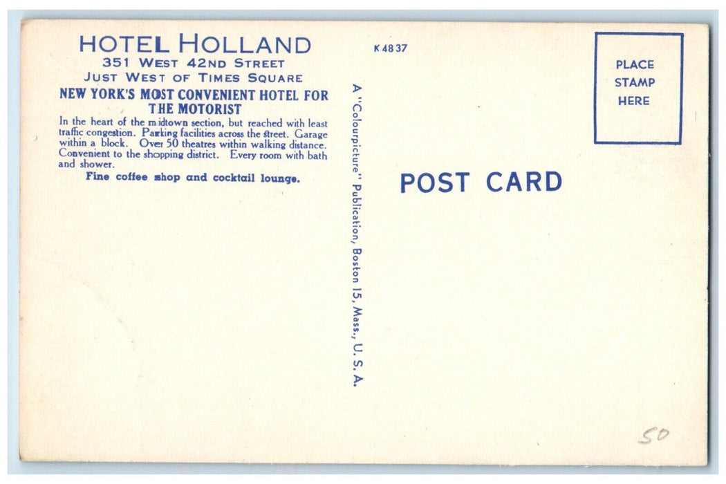 Hotel Holland Building Coffee Shop & Cocktail Lounge Times Square NY Postcard
