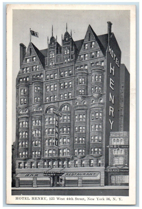 Hotel Henry Bar Restaurant Belasco Theater Times Square New York NY Postcard