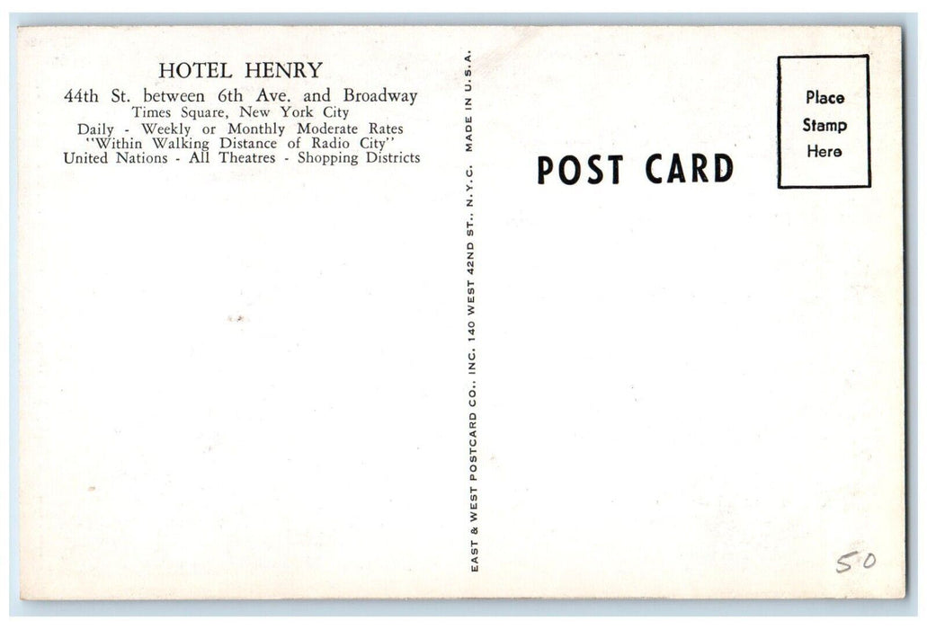 Hotel Henry Bar Restaurant Belasco Theater Times Square New York NY Postcard
