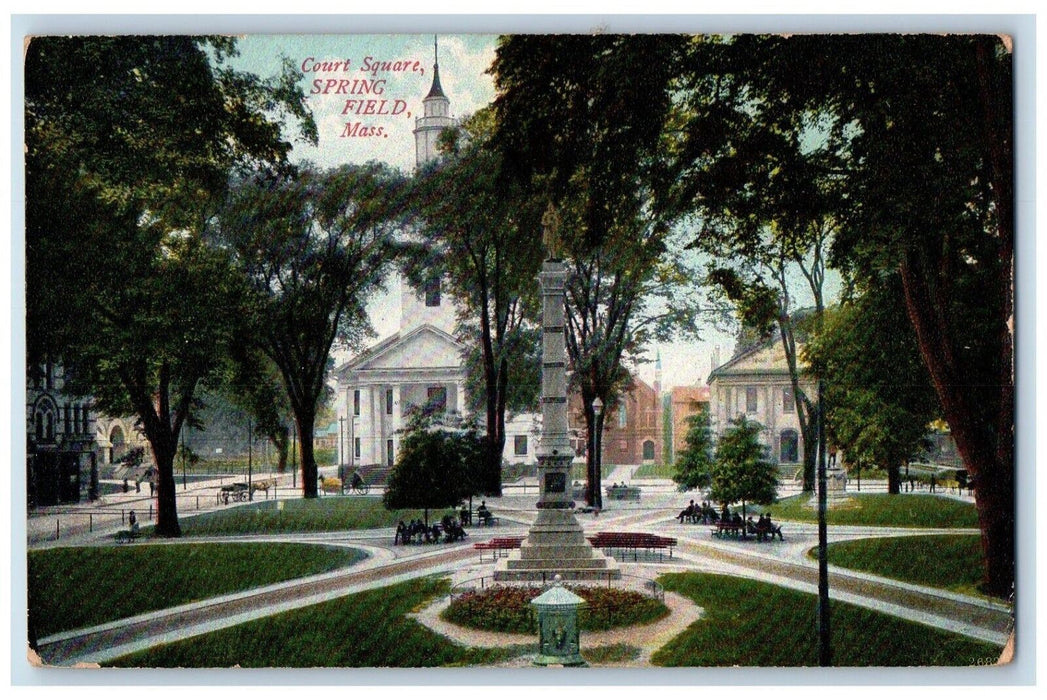 Court Square Church Statue Monument Scene Springfield Massachusetts MA Postcard