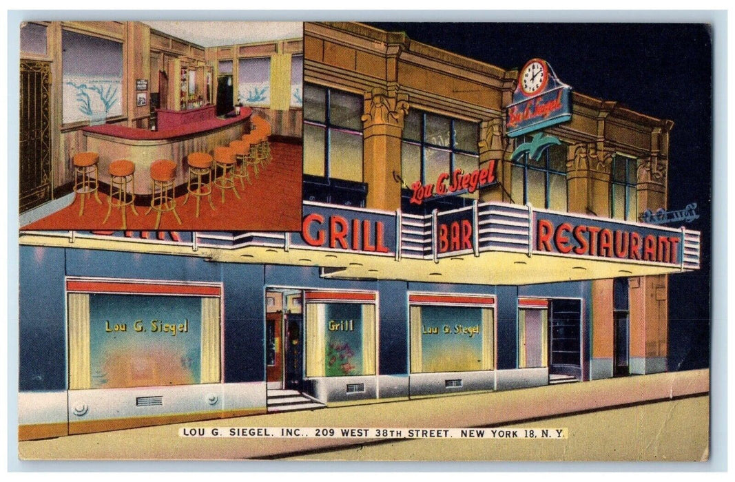 View Of Lou G. Siegel Inc. Grill Bar Restaurant New York City NY Postcard