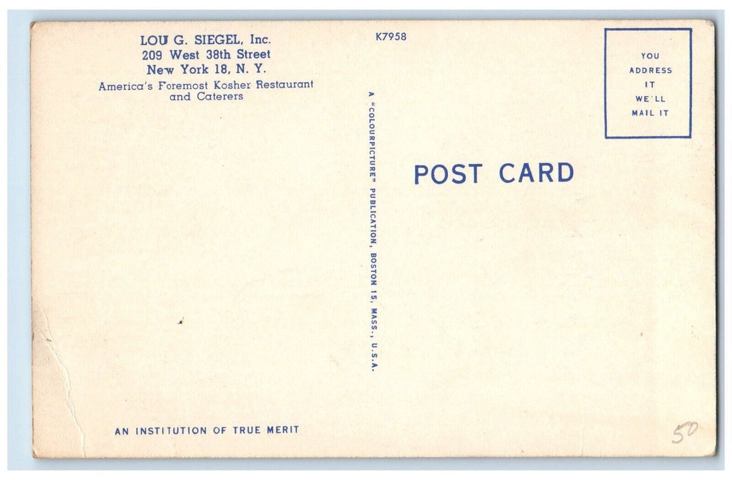 View Of Lou G. Siegel Inc. Grill Bar Restaurant New York City NY Postcard