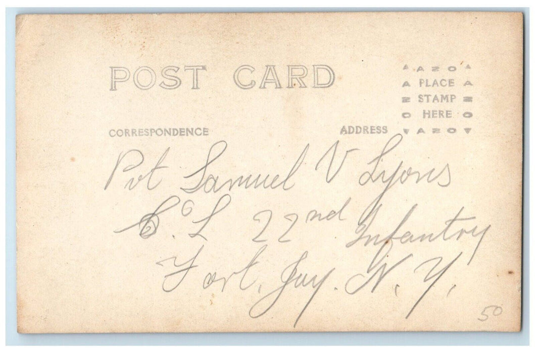 c1918 WW1 Soldier Samuel Lyons 22nd Infantry Fort Jay NY RPPC Photo Postcard