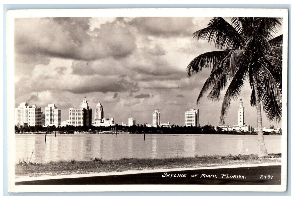 c1940's Miami Skyline Palm Tree Boat Docks Florida FL RPPC Photo Postcard