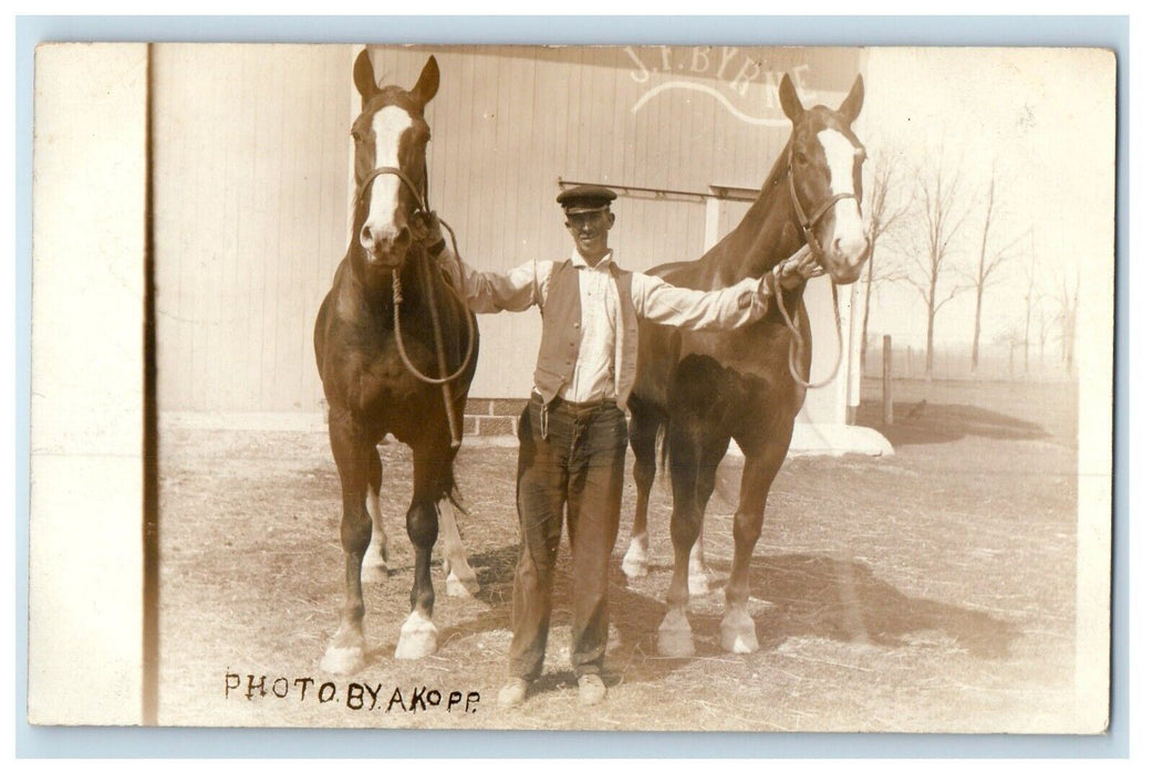 c1910Horses Stable Barn Akopp S.F. Byrne Adrian MI Michigan RPPC Photo Postcard