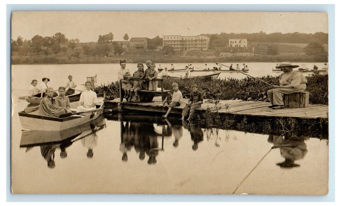 c1910 Lake Boating Children Overalls Girl Boy Fishing Hotel RPPC Photo Postcard