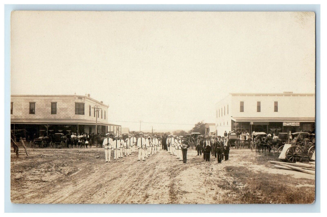 c1910 GAR Parade Marching Band Downtown Horse Carriages RPPC Photo Postcard