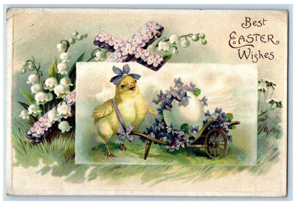 c1910's Easter Wishes Cross Pansies Flowers Chick Egg Cart Clapsaddle Postcard