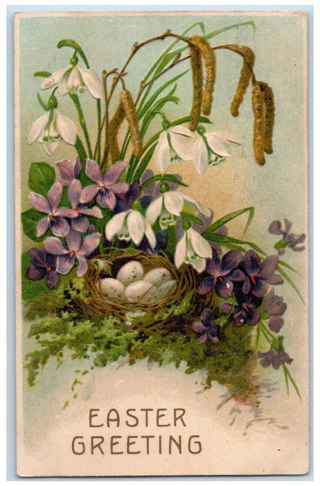 1908 Easter Greetings Eggs Nest Lilies Flowers Pansies Cattails Posted Postcard