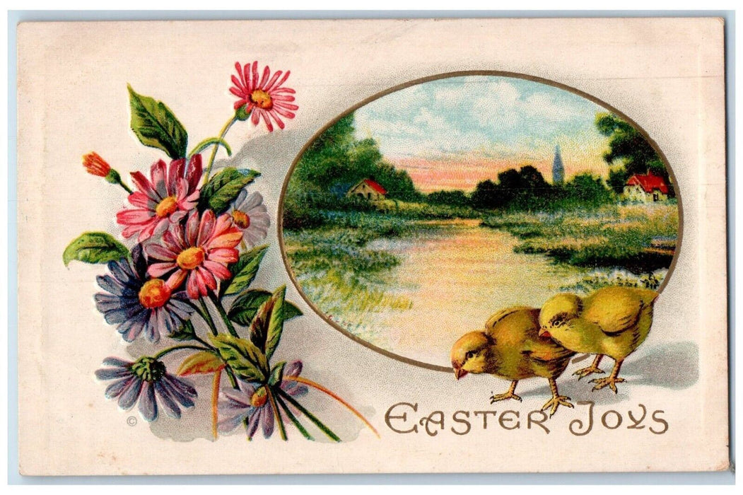 c1910's Easter Joys Egg Chicks And Flowers Embossed Posted Antique Postcard