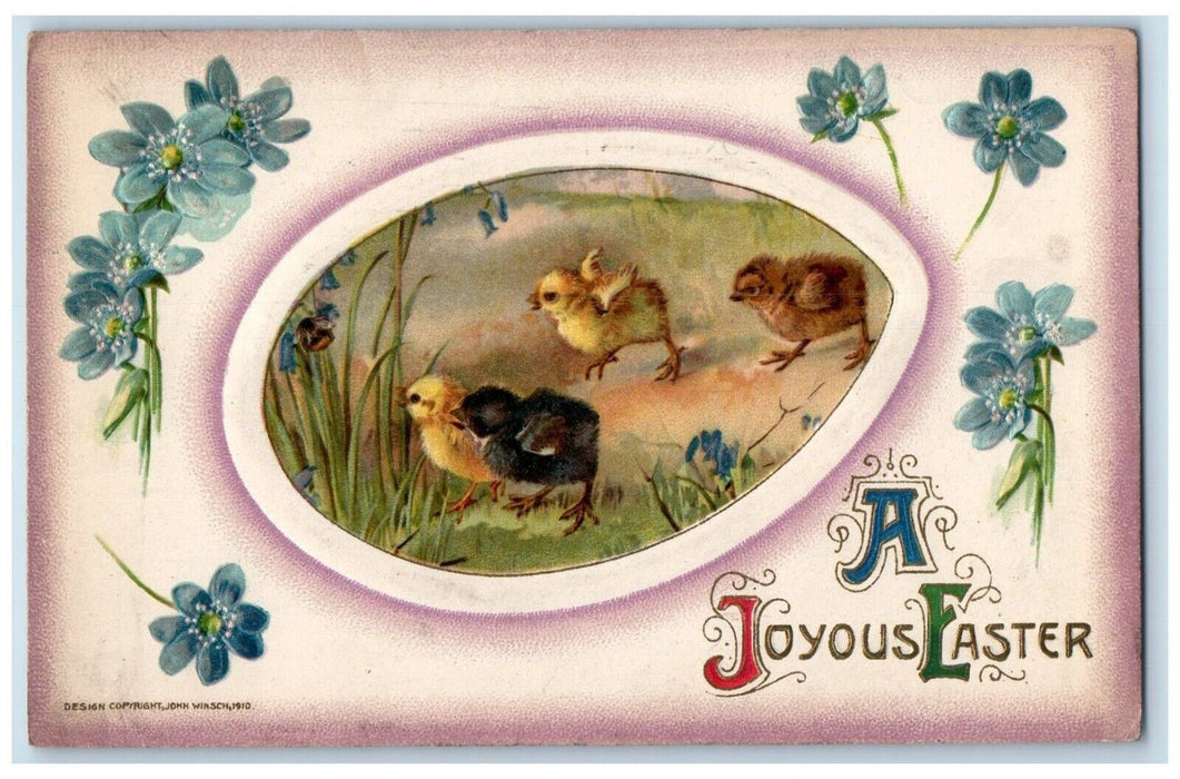 1911 Easter Egg Chicks Pansies Flowers John Winsch Artist Signed Posted Postcard