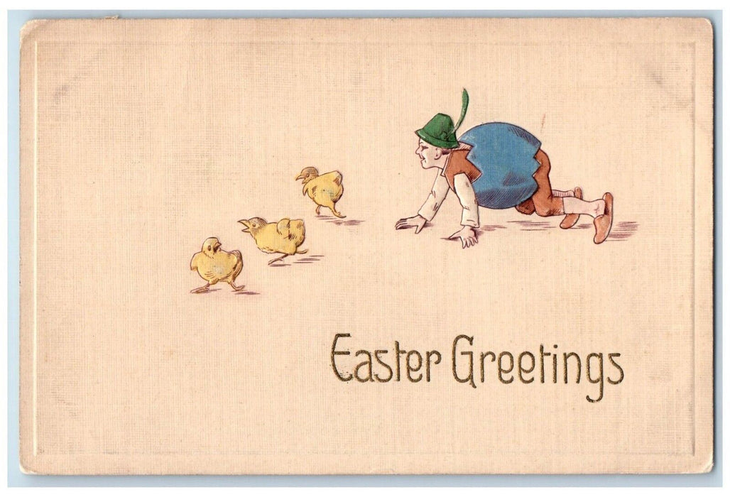 c1910's Easter Greetings Boy Hatched Egg Costume Chasing Chicks Antique Postcard