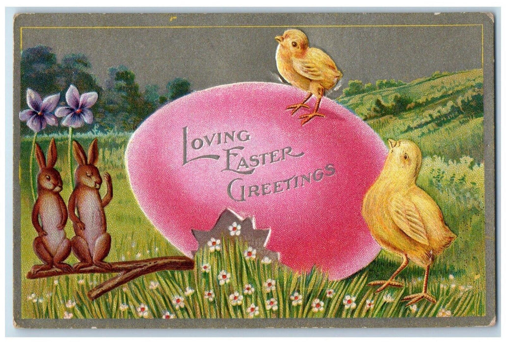 c1910's Easter Greetings Bunny Rabbit Giant Egg Chicks Embossed Antique Postcard