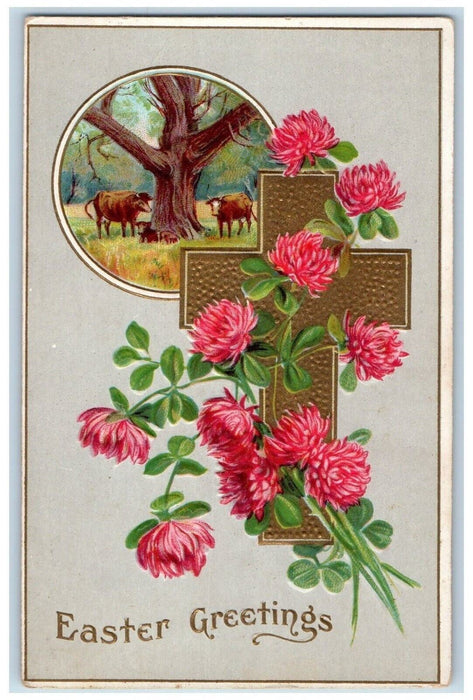 c1910's Easter Greetings Gold Cross Flowers Cows Embossed Antique Postcard