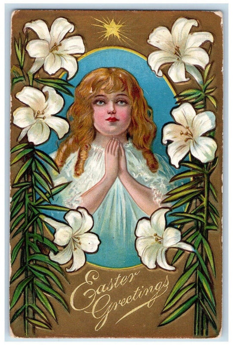 c1910's Easter Greetings Girl And Lilies Flowers Embossed Winsch Back Postcard